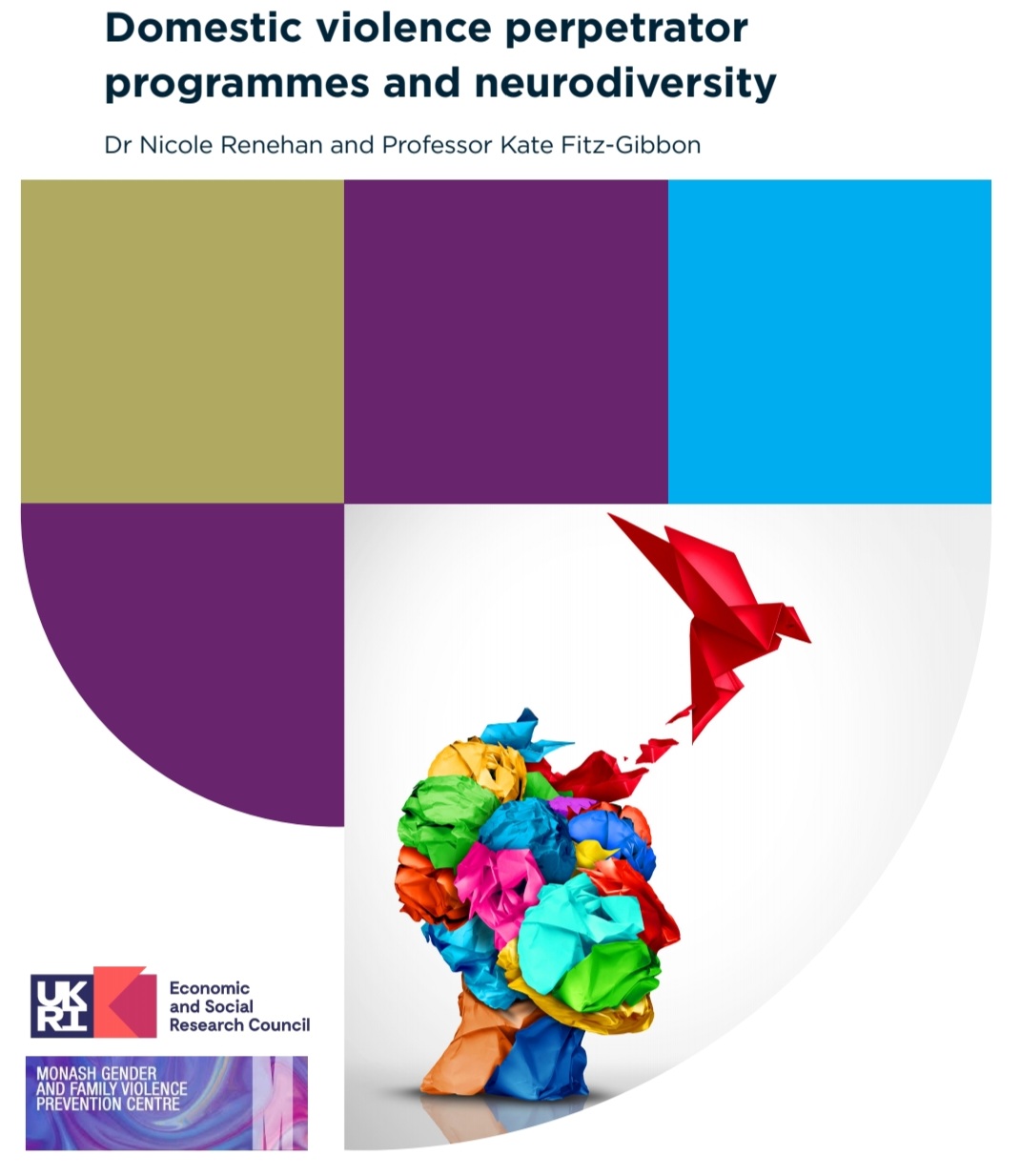 Front cover of report with Durham University colours and the logo for UKRI, Durham University and Monash Gender and Family Violence Prevention Centre.